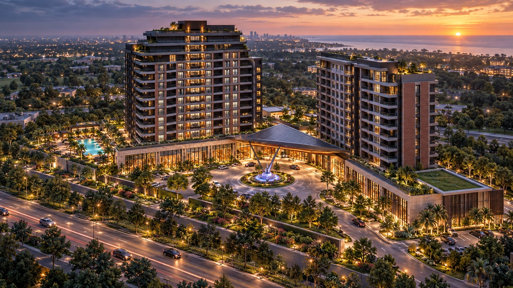 منظر جوي عند الغسق لفندق Tema World Marriott، بمبانيه السكنية وساحته الأمامية بجوار الطريق الساحلي.