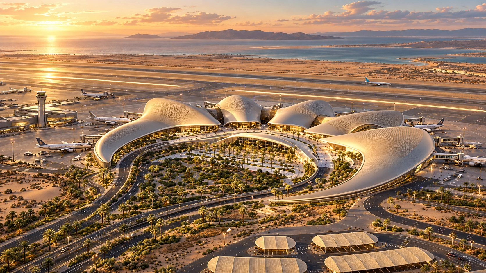منظر جوي عند الغروب لمبنى ركاب Red Sea Airport، بسقفه المستوحى من الكثبان ومنطقة وقوف الطائرات.
