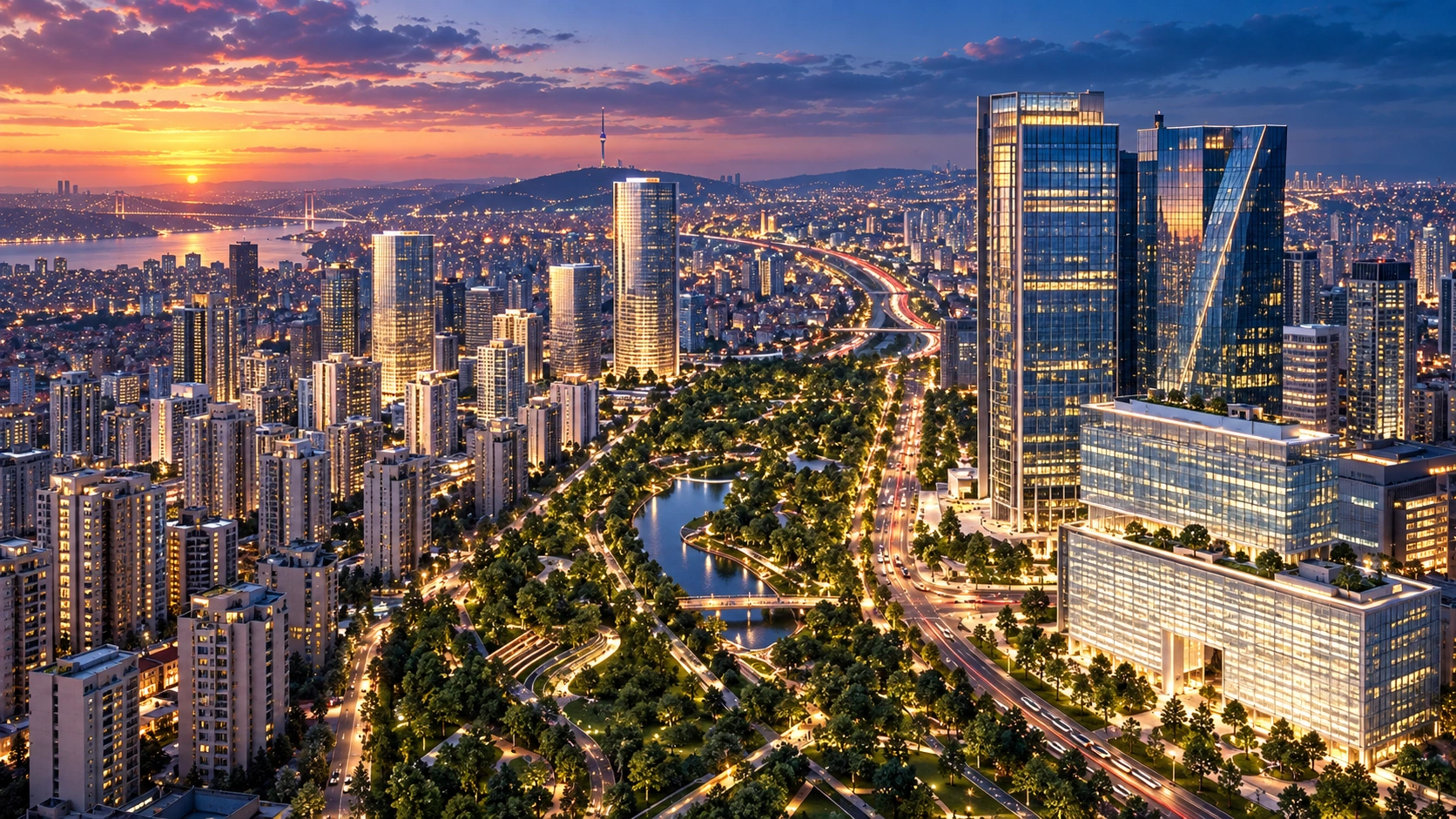 منظر جوي عند الغسق لأبراج Istanbul Financial Center فوق المدينة المحيطة.